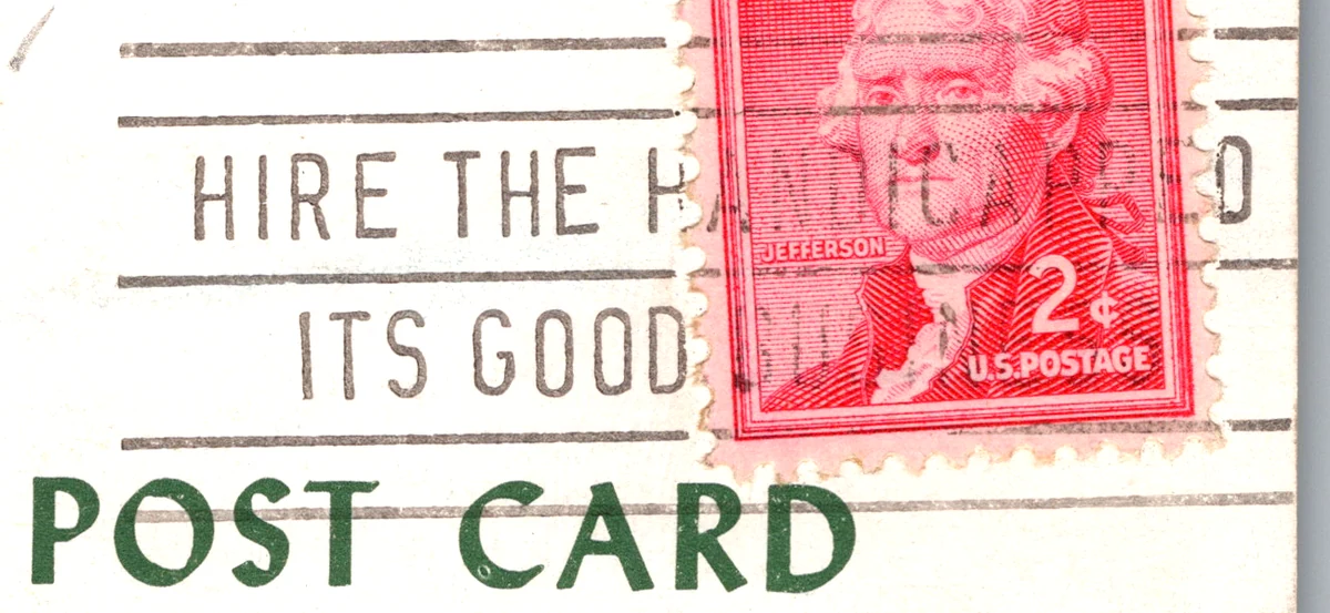 A machine slogan cancel reading HIRE THE HANDICAPPED IT'S GOOD BUSINESS across a postcard, from the Postcard Origins collection