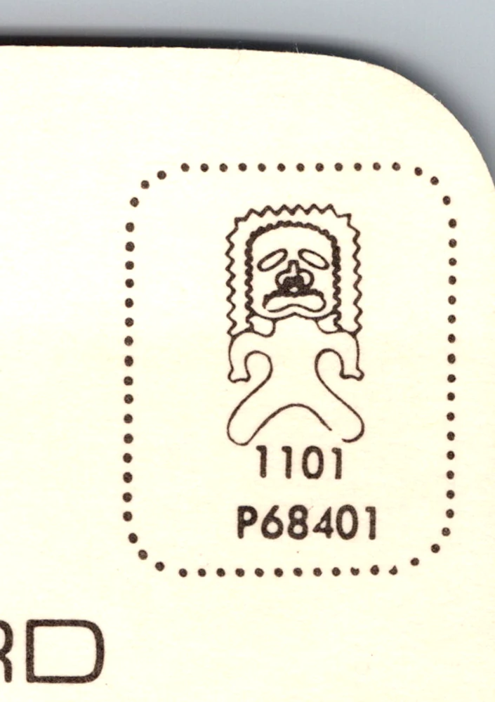 The Colourpicture house stamp box, a tiki motif, with catalogue number P68401