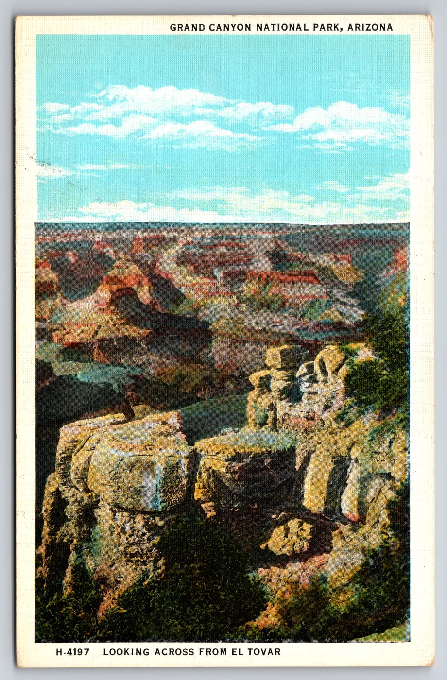 The front of a Fred Harvey postcard from the Postcard Origins collection: Grand Canyon National Park, Arizona, looking across from El Tovar, Fred Harvey number H-4192
