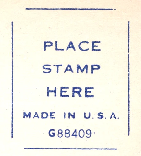 A stamp box reading Place Stamp Here, Made in U.S.A., on a Tichnor Gloss postcard from the Postcard Origins collection