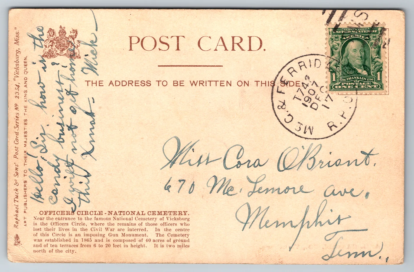 The undivided back of a 1907 Raphael Tuck postcard from the Postcard Origins collection, the whole back given over to the address